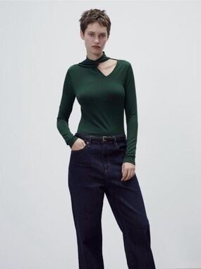 Zara Dark Green Long-Sleeve Twist Neck Top